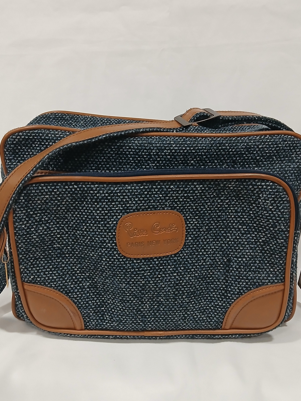 Vntg 1980s Pierre Cardin Tweed Flight Bag Crossbody Carry On Luggage Blue Brown